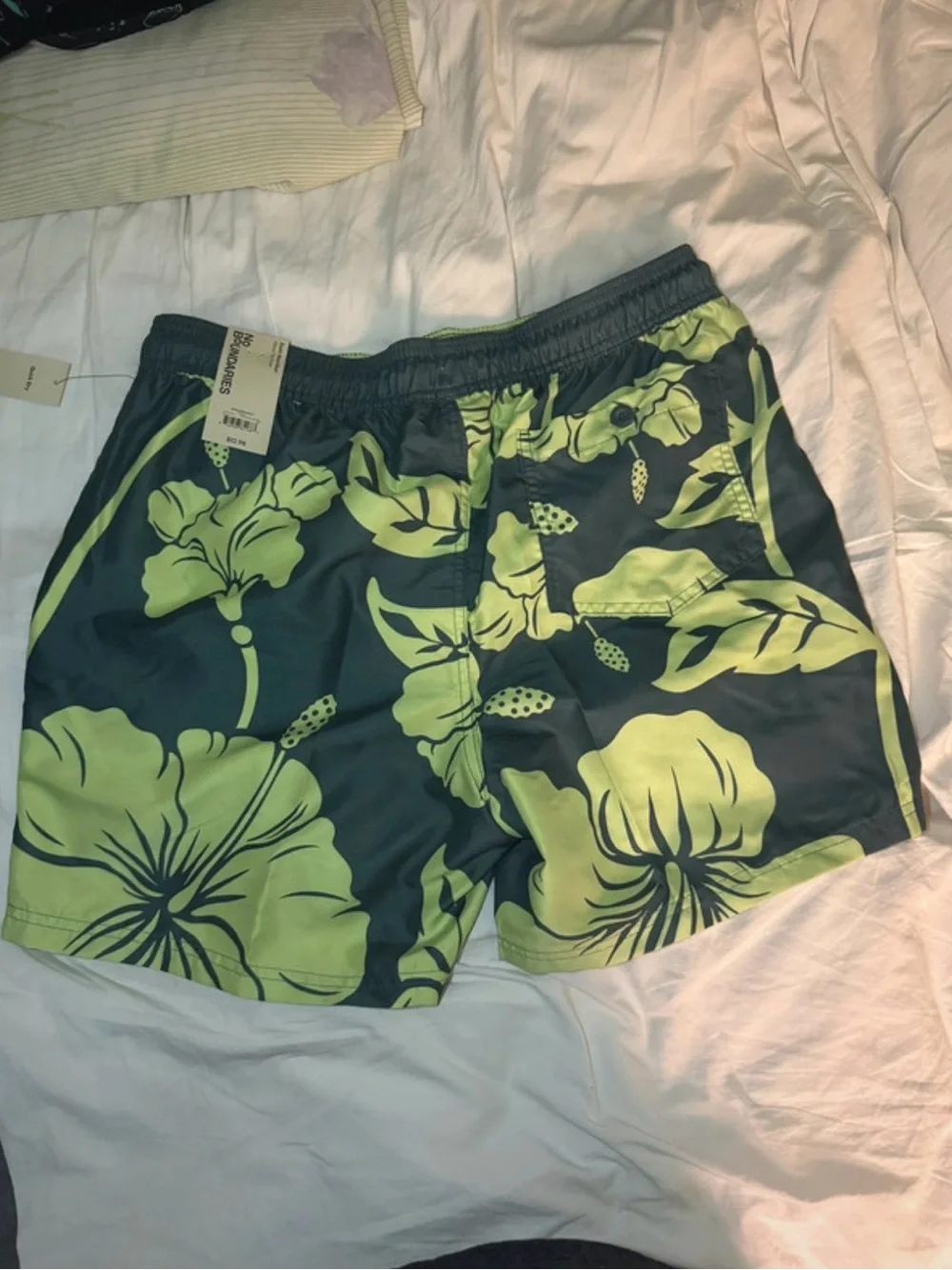 No Boundaries Light Green Swim Shorts with Navy Stitching